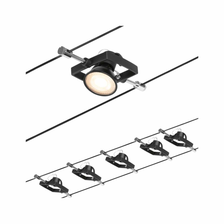 230/12V 94434 II max. GU53 matt/Chrom Paulmann 5x10W Seilsystem Lampen1a | Basisset Schwarz Mac