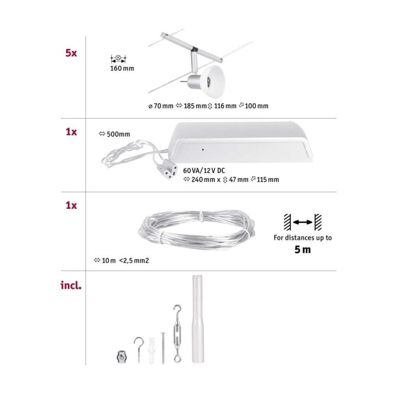 Paulmann Seilsystem Sheela Basisset GU5,3 max. 5x10W 230/12V Chrom matt