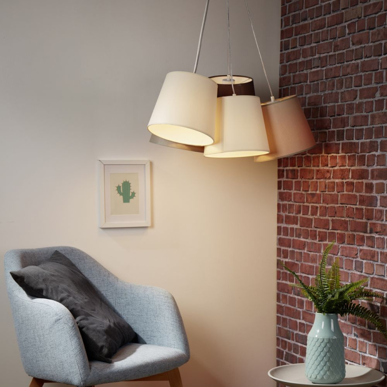 famlights famlights | Pendelleuchte Lorenz aus Stoff in Beige, Braun 5-flammig