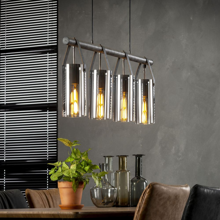 famlights famlights | Pendelleuchte Lucy aus Metall in Silber und mit Glasschirmen 4xE27