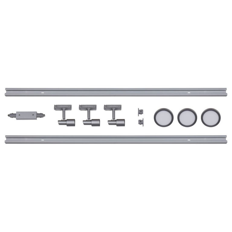 famlights famlights | 1-Phasen Schienensystem-Set in Silber 2 Meter inkl. 3 Spots inkl. Leuchtmittel