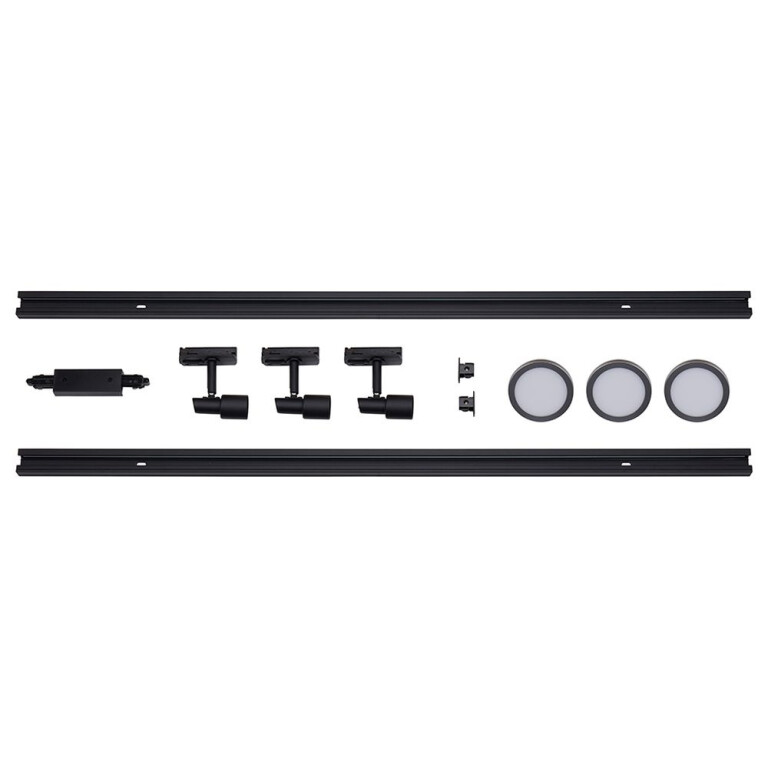 famlights famlights | 1-Phasen Schienensystem-Set in Schwarz und Silber 2 Meter inkl. 3 Spots inkl. Leuchtmittel