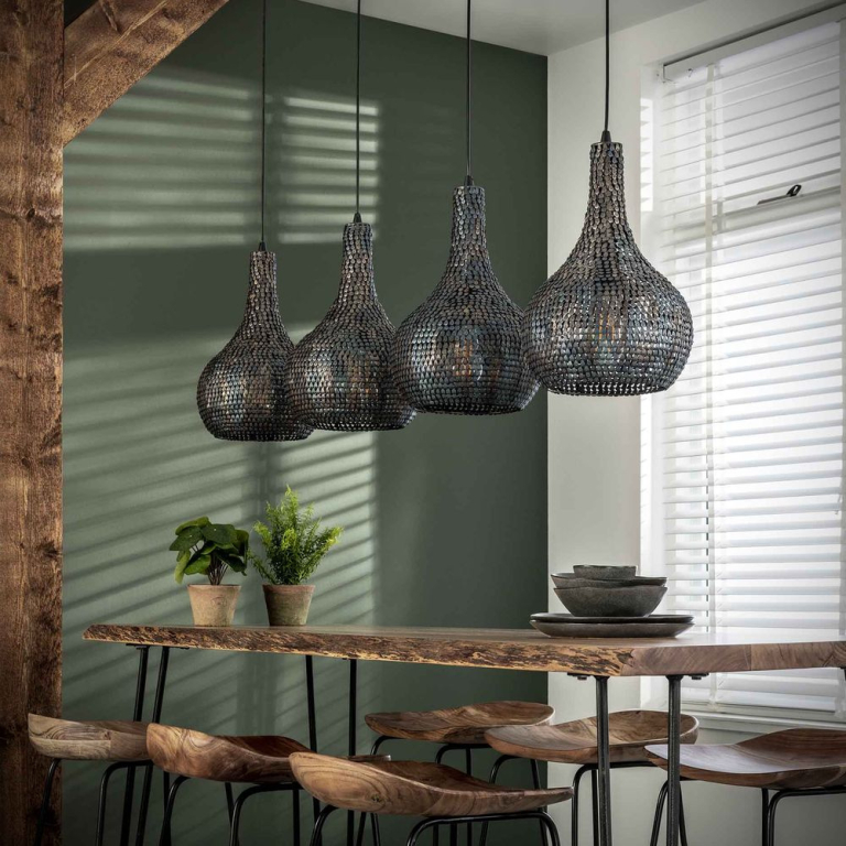 famlights famlights | Pendelleuchte Louisa in Schwarz und Braun E27 4-flammig