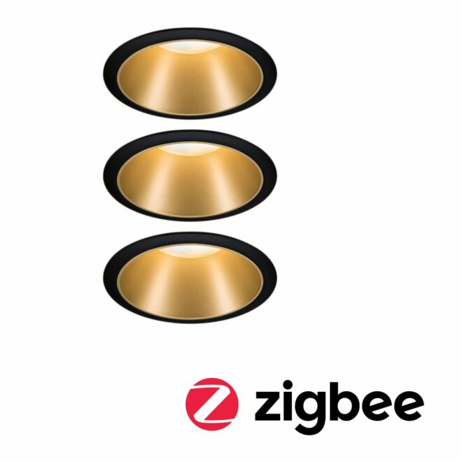Paulmann Smart Home Zigbee Einbaustrahler Cole Coin Schwarz/Gold matt 3er-Set 6W IP44 dimmbar + ZigBee Cephei Controller