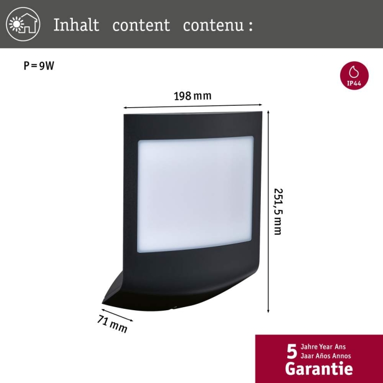 Paulmann LED Außenwandleuchte Padea mit Bewegungsmelder und Dämmerungssensor IP44  198x71mm 3000K 8,5W 1000lm 230V  Anthrazit Kunststoff Dämmerungssensor