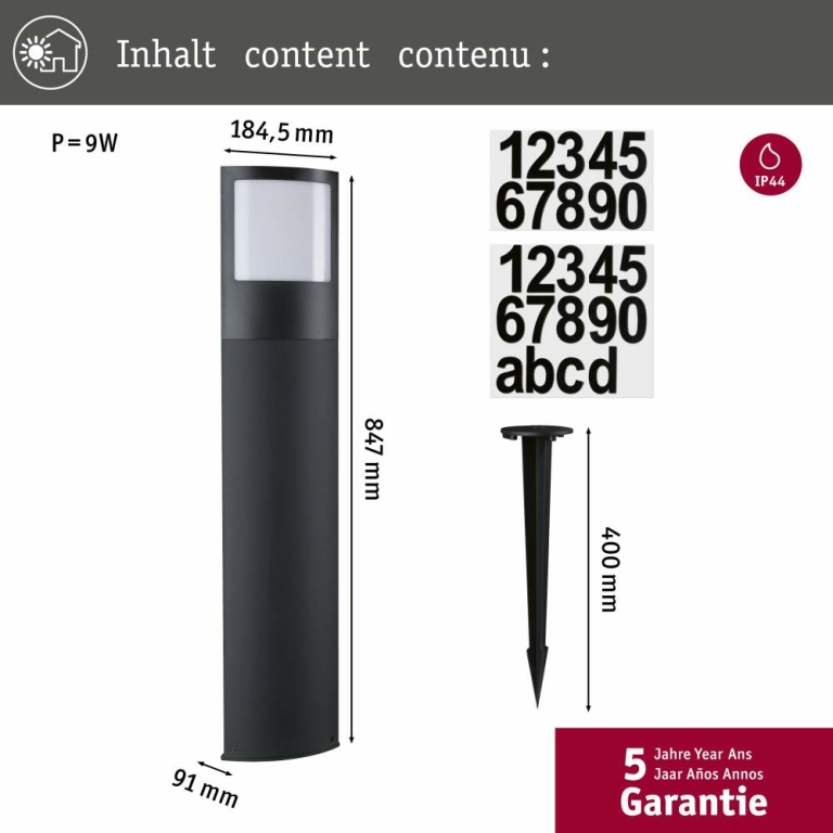 Paulmann LED Pollerleuchte Padea mit Bewegungsmelder und Dämmerungssensor IP44  847mm 3000K 8,5W 1200lm 230V  Anthrazit Kunststoff