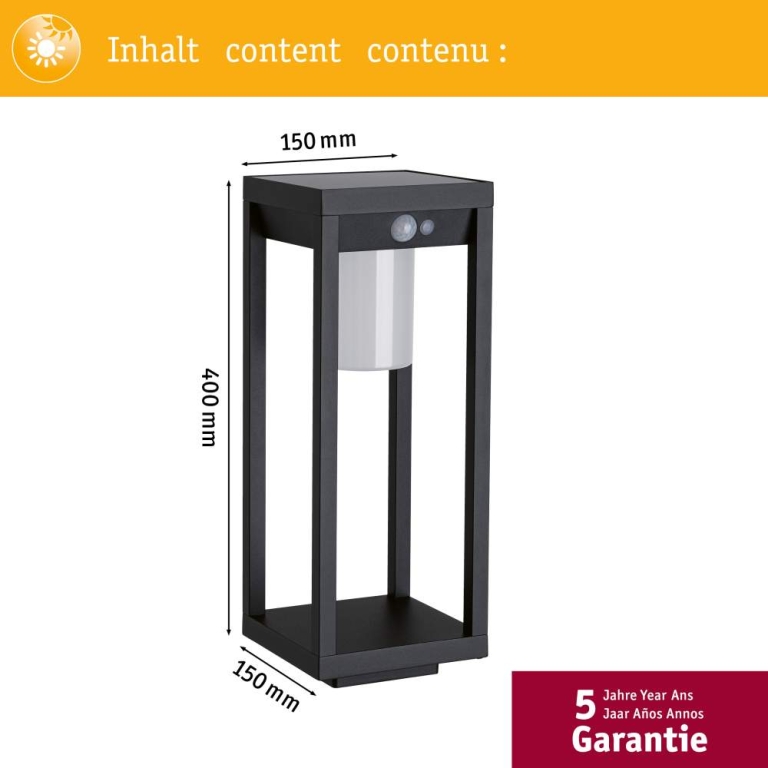 Paulmann Solar LED Pollerleuchte Marisol mit Bewegungsmelder IP44 150x150mm 3000K 5,5W 600lm