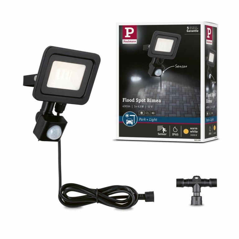 Paulmann Park + Light LED Außenwandleuchte Carportleuchte Bimea mit Bewegungsmelder 4,5W IP65 3000K Schwarz Metall