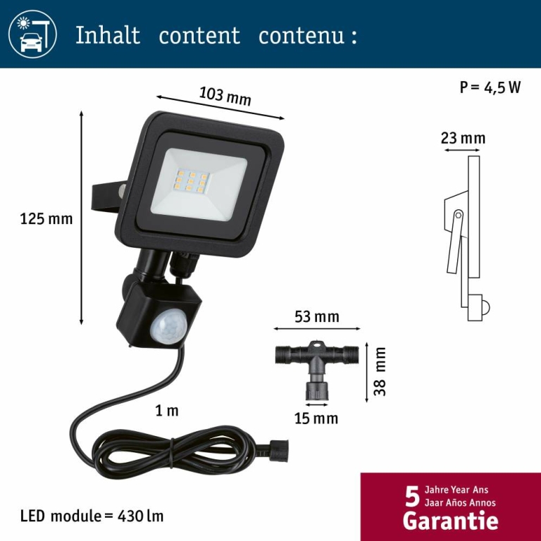 Paulmann Park + Light LED Außenwandleuchte Carportleuchte Bimea mit Bewegungsmelder 4,5W IP65 3000K Schwarz Metall