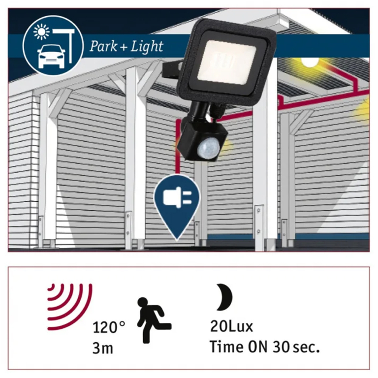 Paulmann Park + Light LED Außenwandleuchte Carportleuchte Bimea mit Bewegungsmelder 4,5W IP65 3000K Schwarz Metall