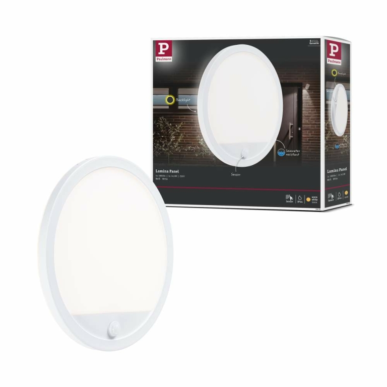 Paulmann LED Außenpanel Lamina Bewegungsmelder IP44 rund 280mm 3000K 14,5W 1200lm 230V Weiß Kunststoff