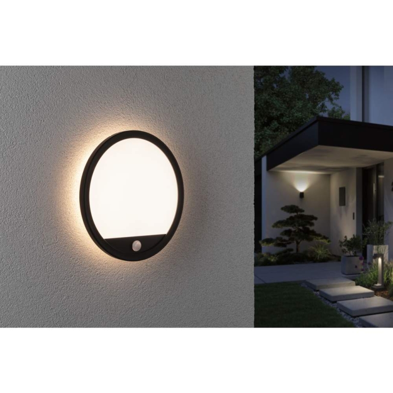 Paulmann LED Außenpanel Lamina Bewegungsmelder IP44 rund 280mm 3000K 14,5W 1200lm 230V Schwarz Kunststoff