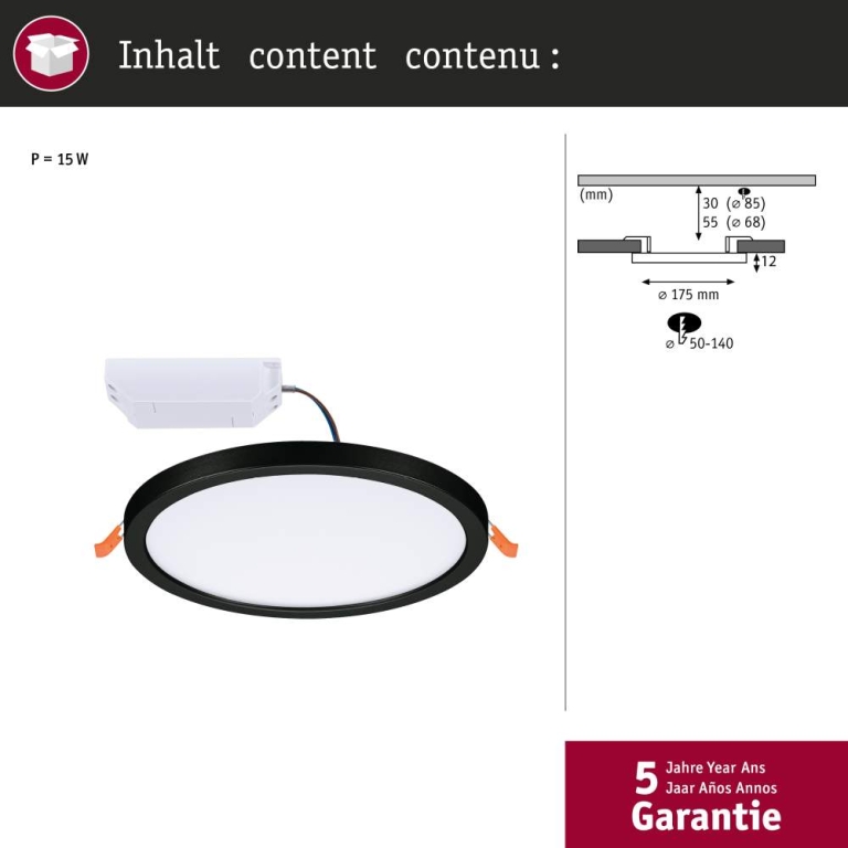 Paulmann VariFit LED Einbaupanel 3-Step-Dim Areo IP44 rund 175mm 3000K Schwarz dimmbar
