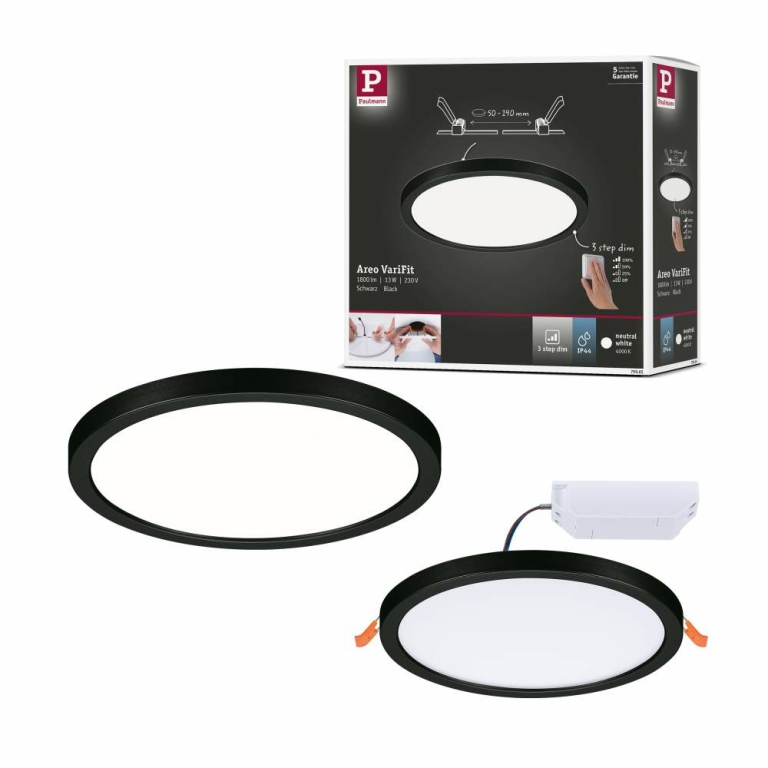 Paulmann VariFit LED Einbaupanel 3-Step-Dim Areo IP44 rund 175mm 4000K Schwarz dimmbar