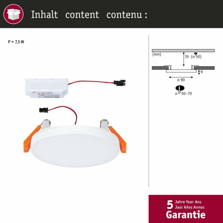 Paulmann VariFit LED Einbaupanel Veluna Edge IP44 rund 90mm 450lm 3000K Weiß dimmbar