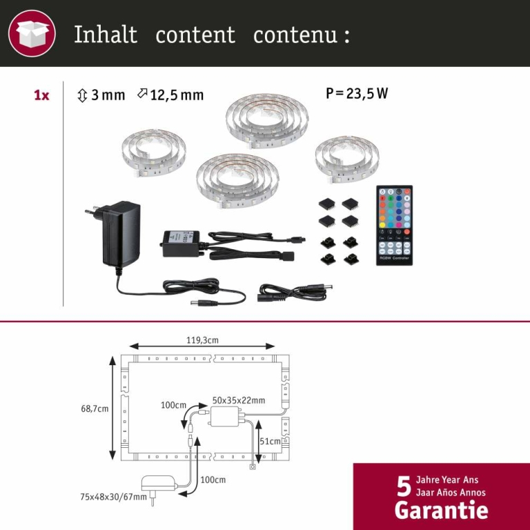 Paulmann MaxLED 250 LED Strip TV Comfort Basisset 55 Zoll 3,6m   20,5W 277lm/m 30LEDs/m 3000K 24VA