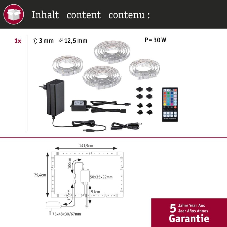 Paulmann MaxLED 250 LED Strip TV Comfort Basisset 75 Zoll 5,1m   25,5W 230lm/m 28LEDs/m 3000K 36VA