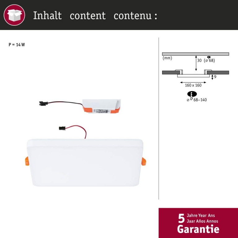 Paulmann VariFit LED Einbaupanel Veluna Edge IP44 eckig 160x160mm 1100lm 4000K Weiß
