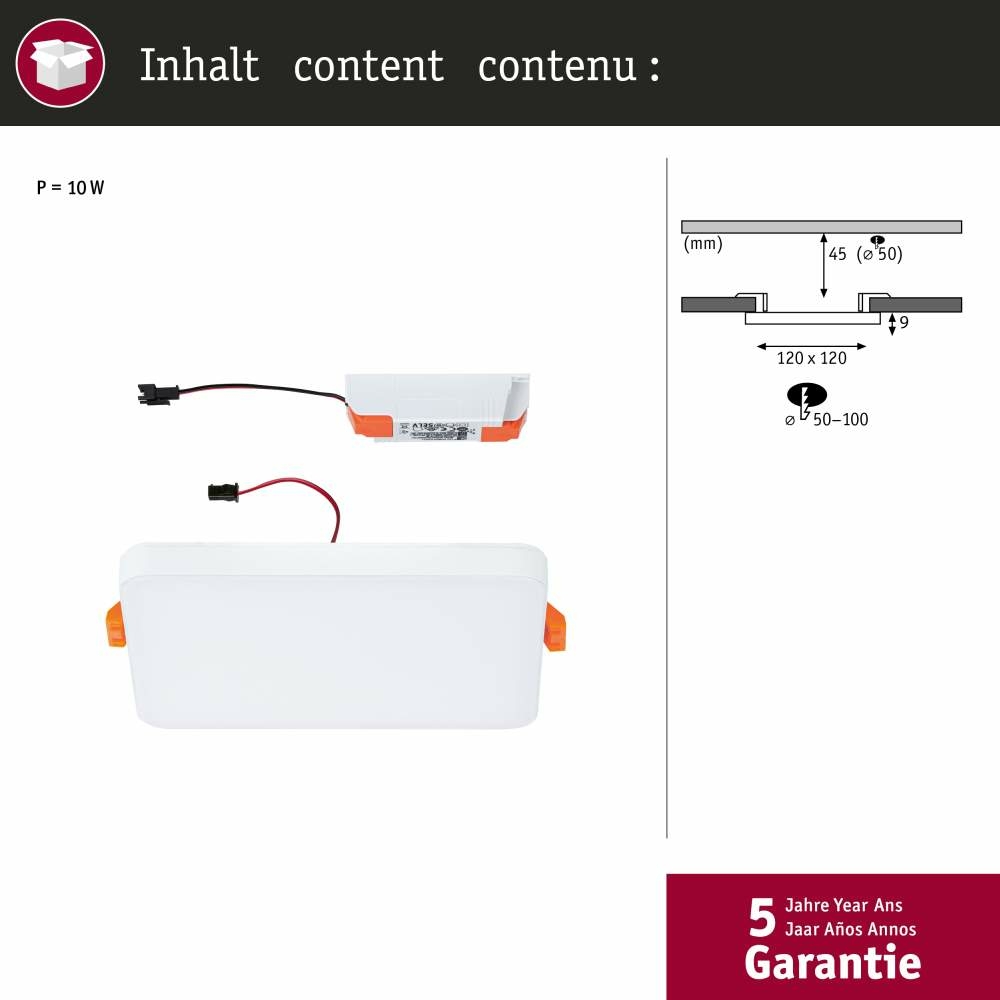 Paulmann 79942 VariFit 3000K 120x120mm LED | IP44 650lm Lampen1a Einbaupanel eckig Edge Veluna