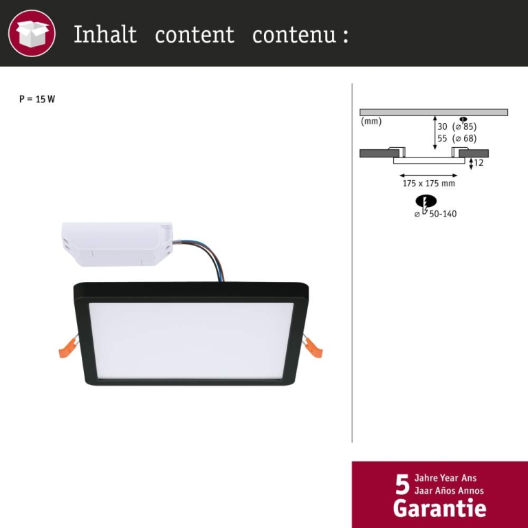 Paulmann VariFit LED Einbaupanel Smart Home Zigbee Areo IP44 eckig 175x175mm Tunable White Schwarz dimmbar