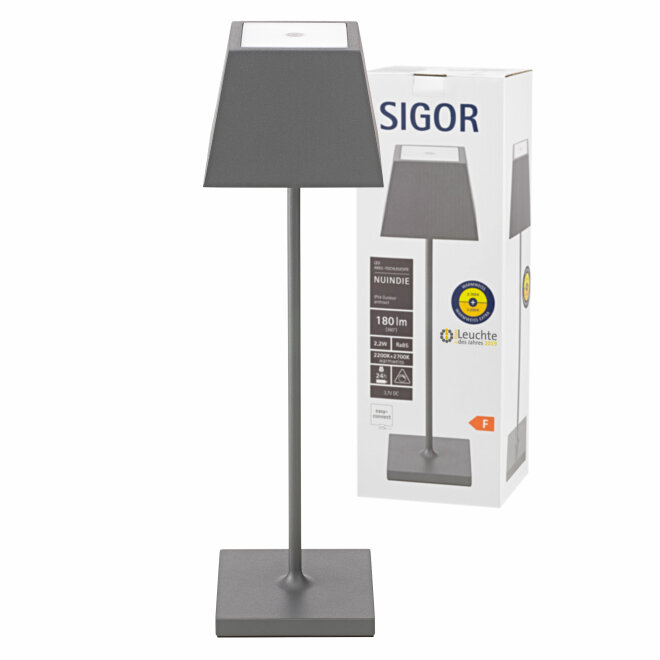 Sigor Nuindie Akku-Tischleuchte grau LED eckig 370mm | Lampen1a