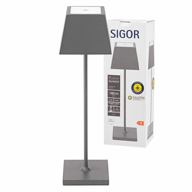 SIGOR Sigor Nuindie Akku-Tischleuchte  grau LED eckig 370mm IP54 dimmbar Flex-Mood Easy-Connect
