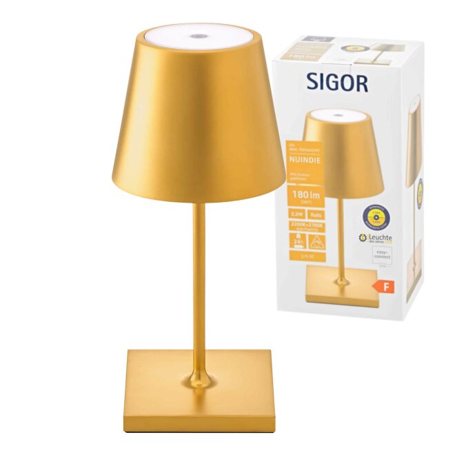 SIGOR Sigor Nuindie Akku-Tischleuchte mini gold LED rund 250mm IP54 dimmbar Flex-Mood Easy-Connect