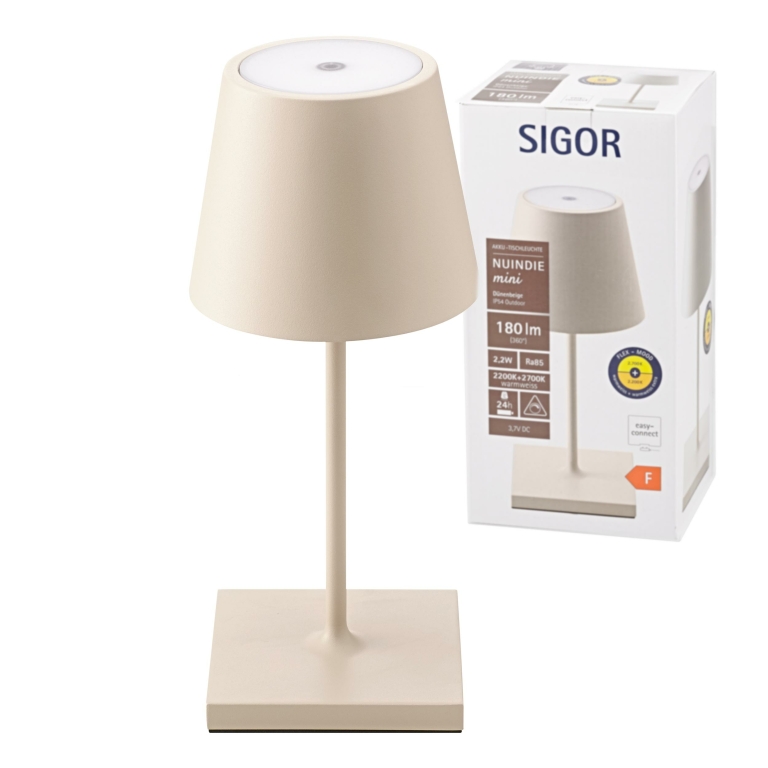 SIGOR Sigor Nuindie Akku-Tischleuchte mini Dünenbeige LED rund 250mm IP54 dimmbar Flex-Mood Easy-Connect