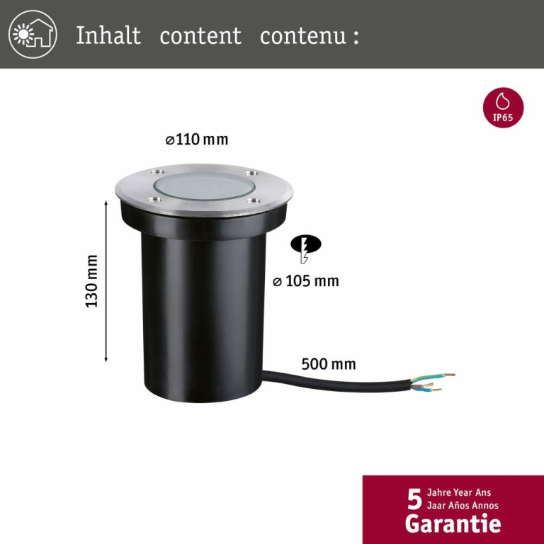 Paulmann LED Bodeneinbauleuchte Goldlicht insektenfreundlich IP65  110mm 2200K 4,3W 320lm 230V Edelstahl gebürstet Edelstahl#Kunststoff