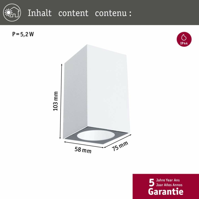 Paulmann LED Außenwandleuchte Flame insektenfreundlich IP44 eckig 58x103mm 2200K 4W 265lm 230V 75° Weiß Metall