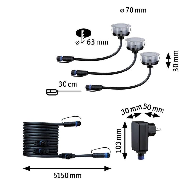 Paulmann Plug & Shine LED Bodeneinbauleuchte Floor Basisset  IP67 2200K 3x2W  21VA Silber