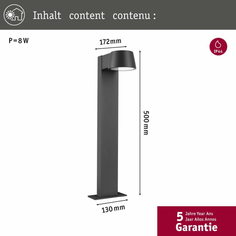 Paulmann LED Pollerleuchte Capea Insektenfreundlich IP44  500mm 2200K 6W 450lm 230V 98° Schwarz  Aluminium