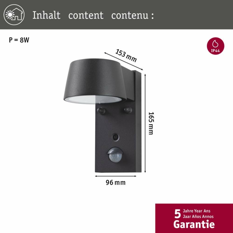 Paulmann LED Außenwandleuchte Capea anthrazit aluminium mit Bewegungsmelder & Dämmerungsschalter IP44 6W 450lm Tunable Warm 230V