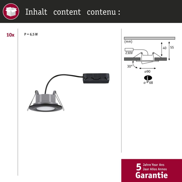 Paulmann HomeSpa LED Einbauleuchte Calla Basisset schwenkbar IP65 rund 90mm 30°  10x6W 10x500lm 230V  4000K Schwarz matt