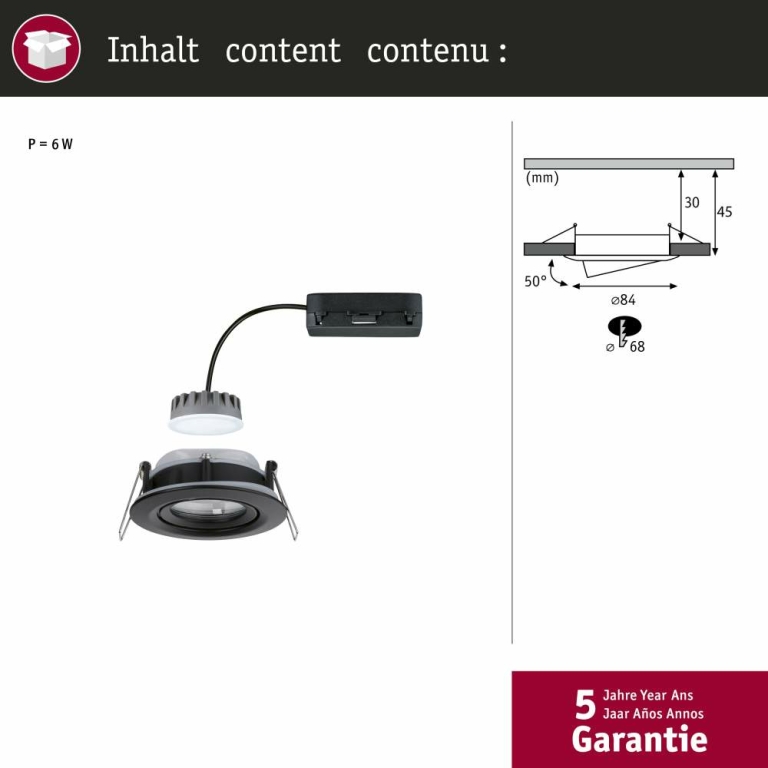 Paulmann LED Einbauleuchte Nova Plus Coin Einzelleuchte schwenkbar IP65 rund 93mm 30° Coin 6W 470lm 230V dimmbar 2700K Schwarz matt