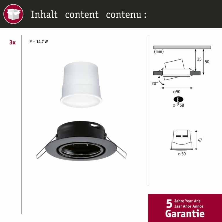 Paulmann LED Einbauleuchte Smart Home Zigbee Base Coin Basisset schwenkbar  rund 90mm 20°  3x4,9W 3x420lm 230V dimmbar RGBW+ Schwarz matt