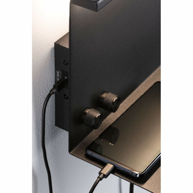 Paulmann LED Wand-Leseleuchte Jarina Schwarz matt mit Ablage USB-Ladefunktion 3000K dimmbar