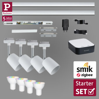 Paulmann URail Starterset Bundle Smart Home 4er-Set Schienenspot Cover weiß inkl. RGBW GU10 Leuchtmittel + smik ZigBee Gateway