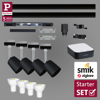 Paulmann URail Starterset Bundle Smart Home 4er-Set Schienenspot Cover schwarz inkl. RGBW GU10 Leuchtmittel + smik ZigBee Gateway