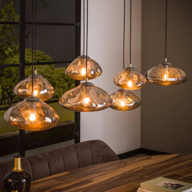 famlights famlights | Pendelleuchte Amelia in Altsilber und Transparent E27 7-flammig