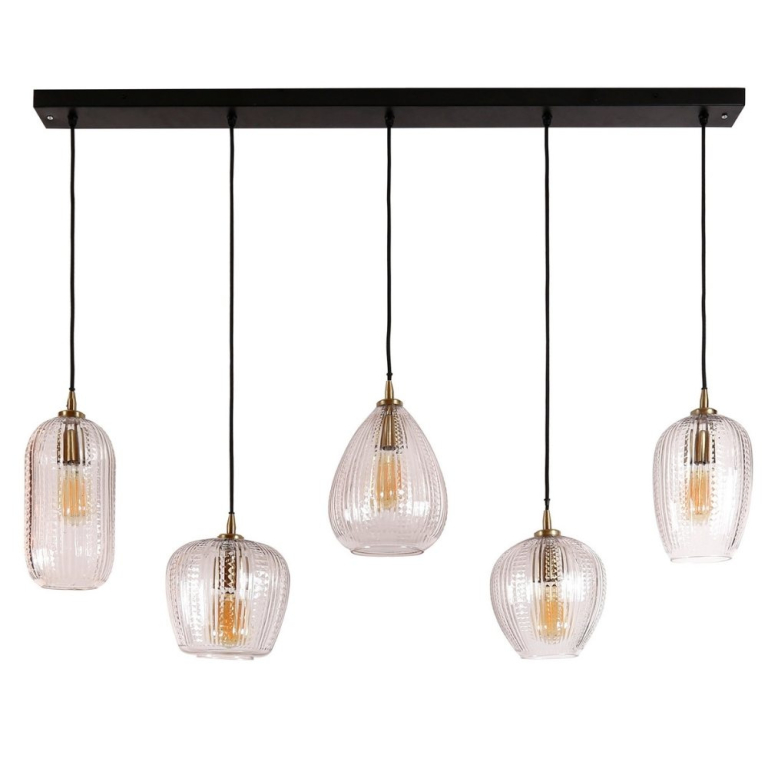 famlights famlights | Pendelleuchte Nael in Transparent und Schwarz-matt E27 5-flammig