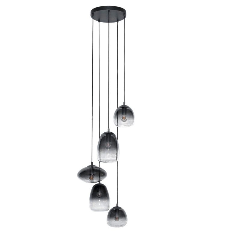 famlights famlights | Pendelleuchte Kyra in Altsilber und Rauchglas E27 5-flammig