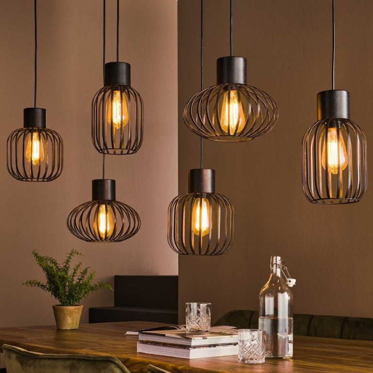 famlights famlights | Pendelleuchte Nika in Anthrazit und Altsilber E27 6-flammig