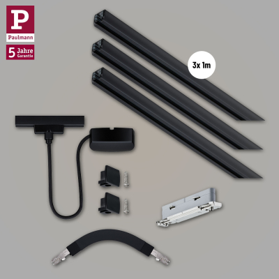 Paulmann URail Schienensystem Basis-Set Schwarz matt 3x 1m Schiene + Kabel-Einspeisung