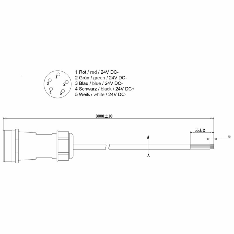 Deko-Light Elektrisches Montagezubehör, Weipu HQ 12/24/48V Einspeisekabel 5-polig, Tiefe: 3000 mm