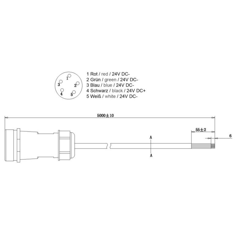 Deko-Light Elektrisches Montagezubehör, Weipu HQ 12/24/48V Einspeisekabel 5-polig, Tiefe: 5000 mm
