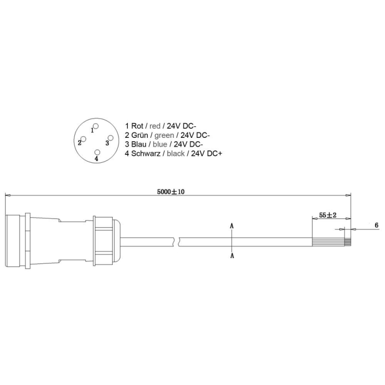 Deko-Light Elektrisches Montagezubehör, Weipu HQ 12/24/48V Einspeisekabel 4-polig, Tiefe: 5000 mm