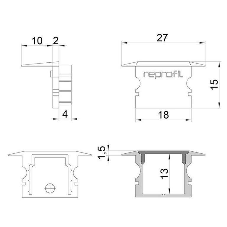 Deko-Light Profil Endkappe, Endkappe P-ET-02-12 Set 2 Stk, Kunststoff, Grau, Tiefe: 27 mm, Breite: 16 mm, Höhe: