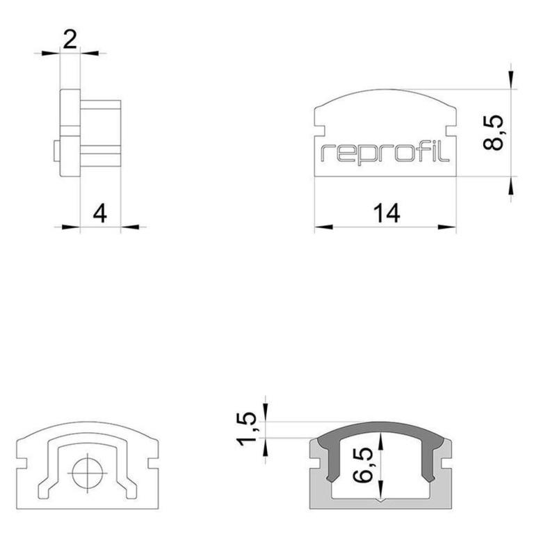 Deko-Light Profil Endkappe, Endkappe F-AU-01-08 Set 2 Stk, Kunststoff, Grau, Tiefe: 14 mm, Breite: 6 mm, Höhe: