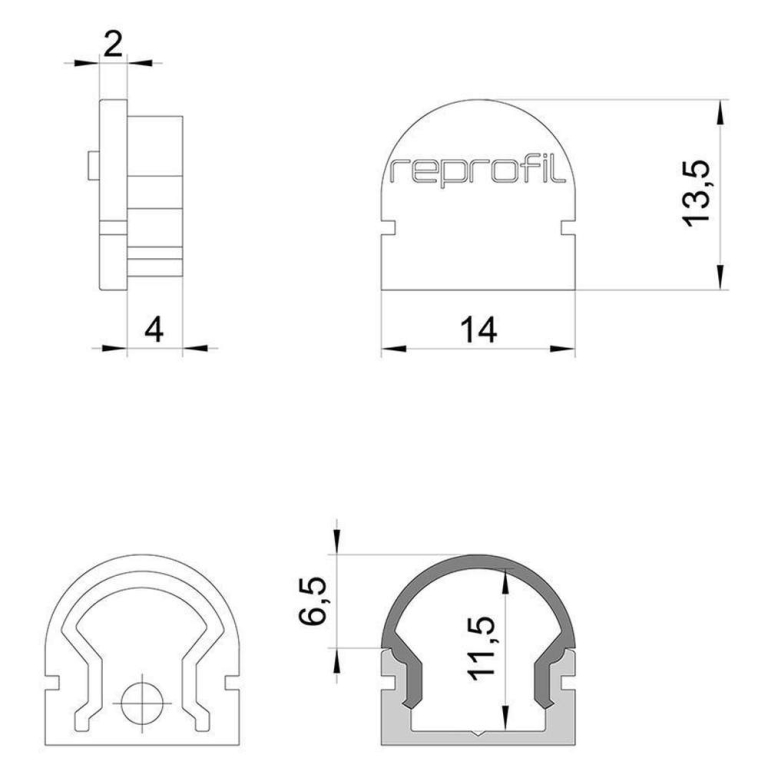 Deko-Light Profil Endkappe, Endkappe R-AU-01-08 Set 2 Stk, Kunststoff, Grau, Tiefe: 14 mm, Breite: 6 mm, Höhe: